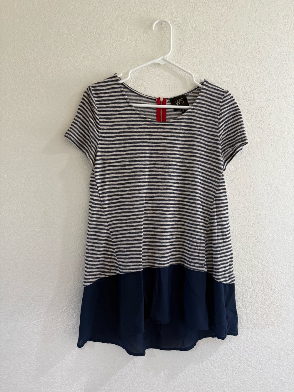 W5 Navy & White Striped Short Sleeve Dress with Navy Hem Ruffle